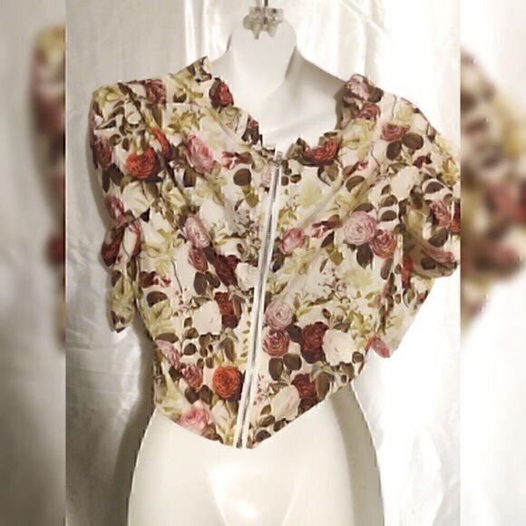 Shein Curve Vintage Flower Floral Zip up Puff sleeve Cropped Top Blouse XL - Picture 6 of 8